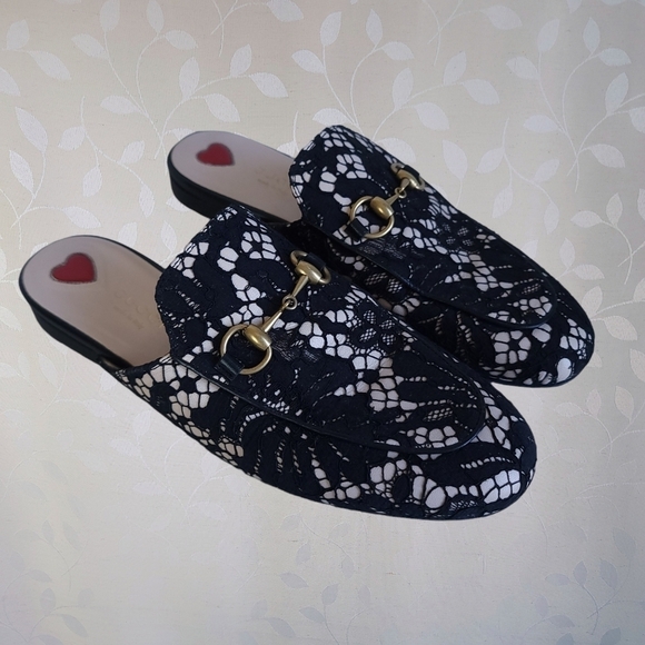 Gucci Princetown Loafer Mules Lace Overlay Horsebit Leather Black Nude 36 - Picture 2 of 15